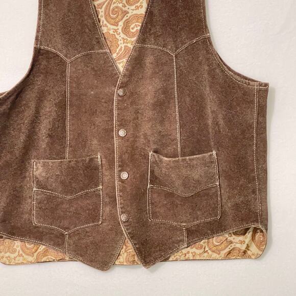 Simco Supreme Genuine Leather Vest Mens Size 46 Brown 4 Snaps Paisley Lined USA - Picture 10 of 12